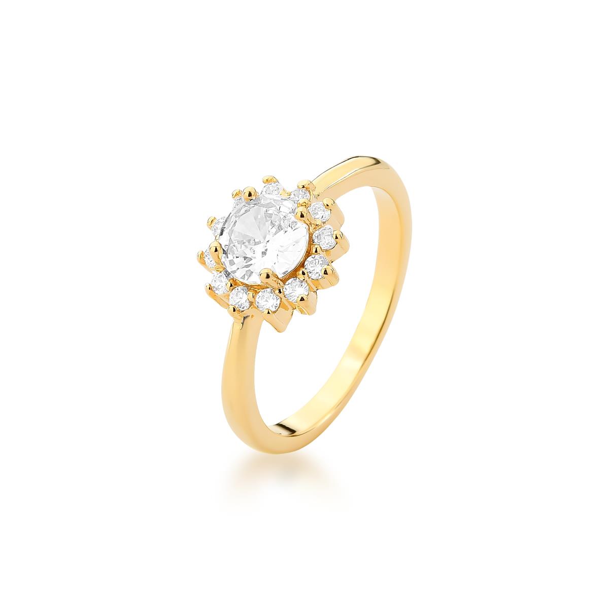 Anel Halo Cristal com pedra central redonda, zircônias brancas e banho de ouro 18k