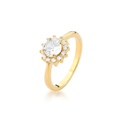Anel Halo Cristal com pedra central redonda, zircônias brancas e banho de ouro 18k