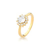 Anel Halo Cristal com pedra central redonda, zircônias brancas e banho de ouro 18k