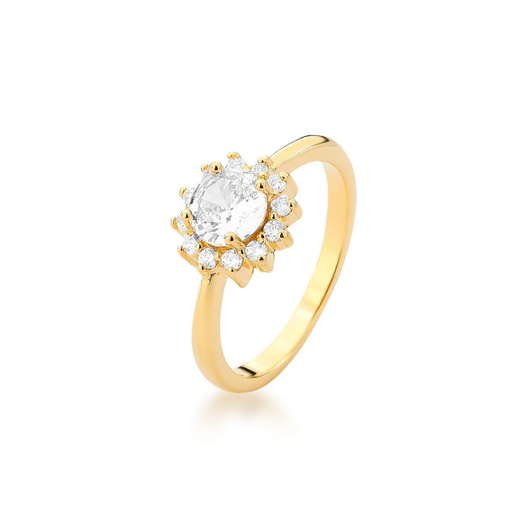 Anel Halo Cristal com pedra central redonda, zircônias brancas e banho de ouro 18k
