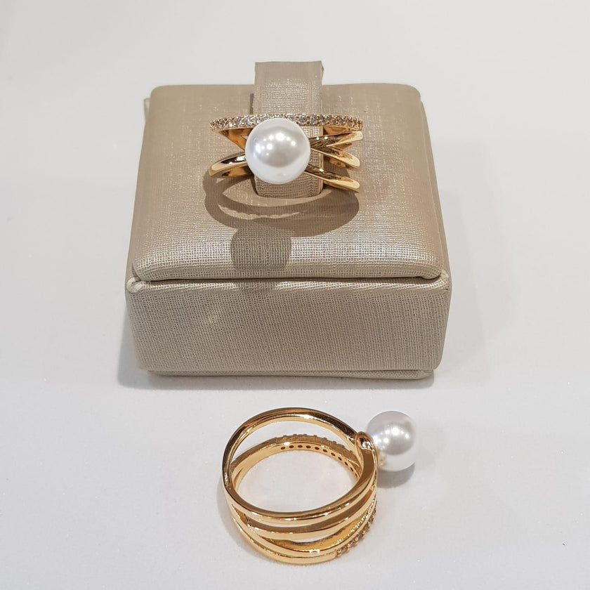 Anel Pérola Moderna com Aro Duplo e Zircônias – Ouro 18k