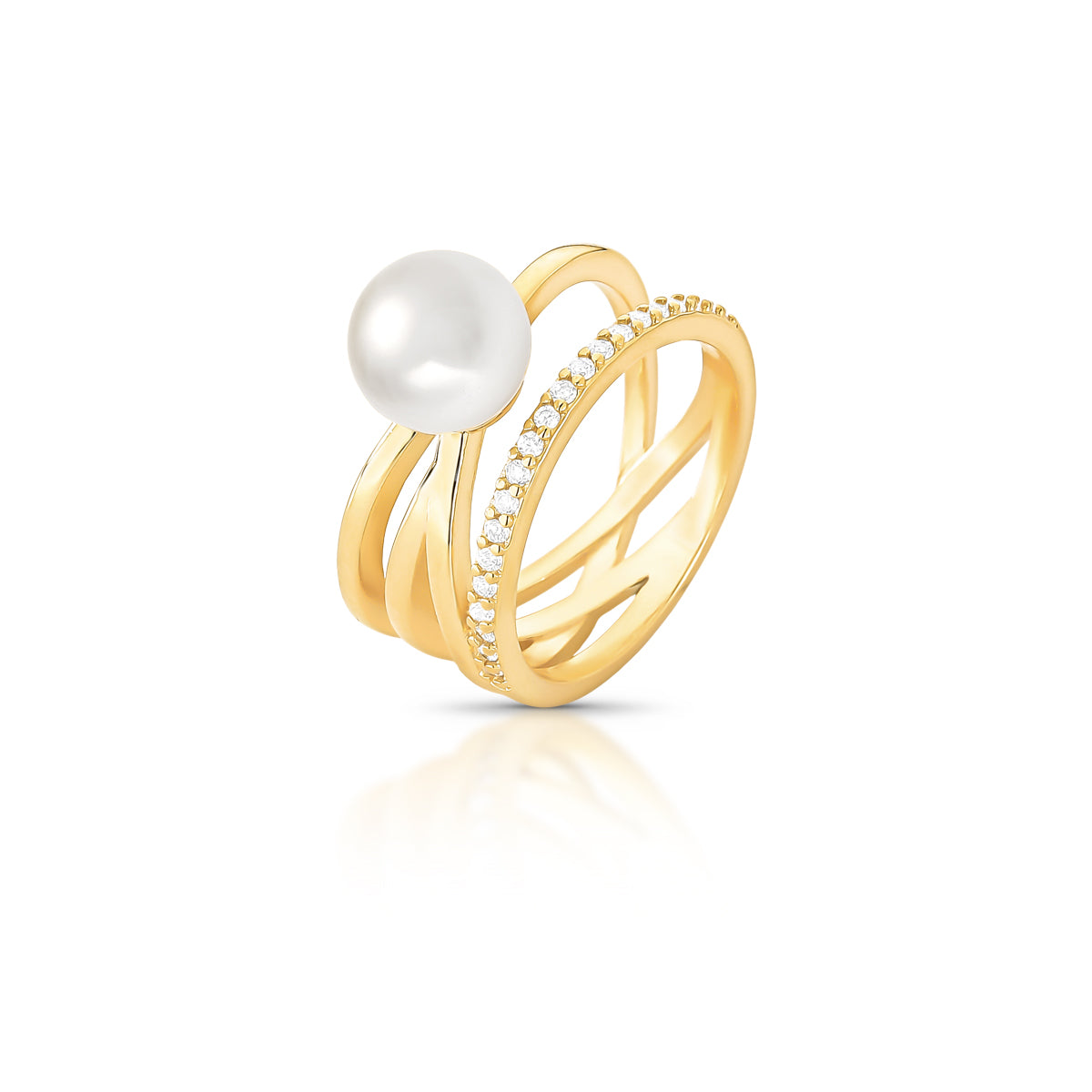 Anel Pérola Moderna com Aro Duplo e Zircônias – Ouro 18k
