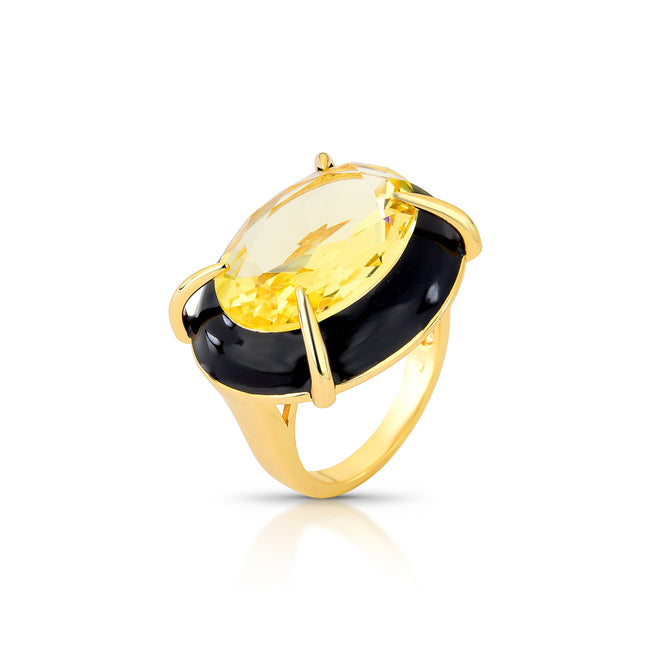 Anel Oval Cristal com Base Preta — Banho Ouro 18k