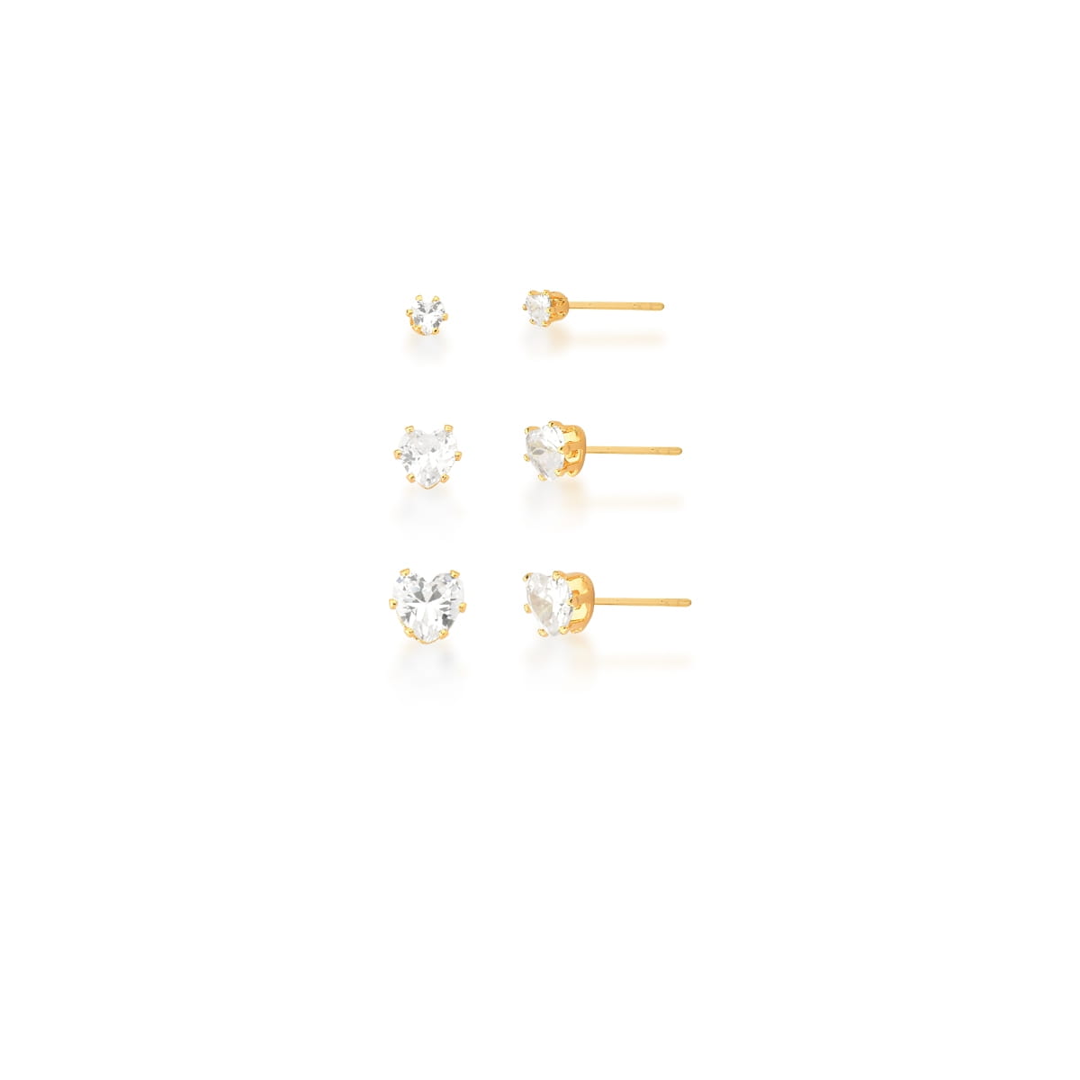 Trio de Brincos Coração em Zircônia – Banho Ouro 18k