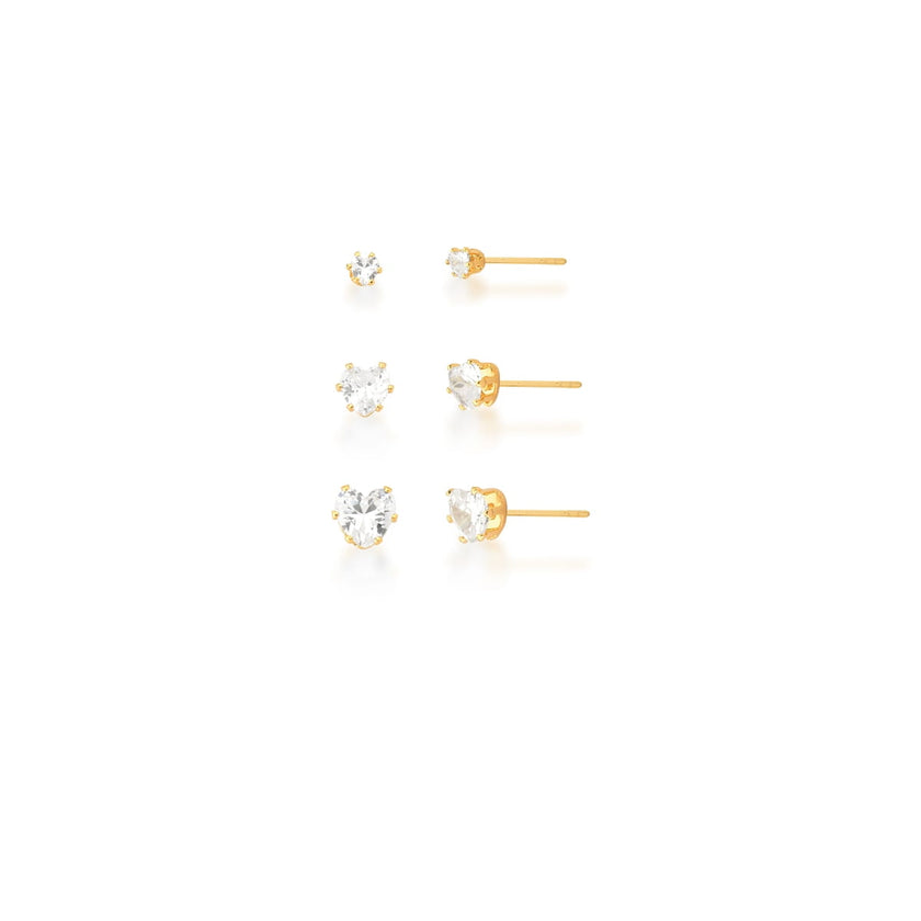 Trio de Brincos Coração em Zircônia – Banho Ouro 18k