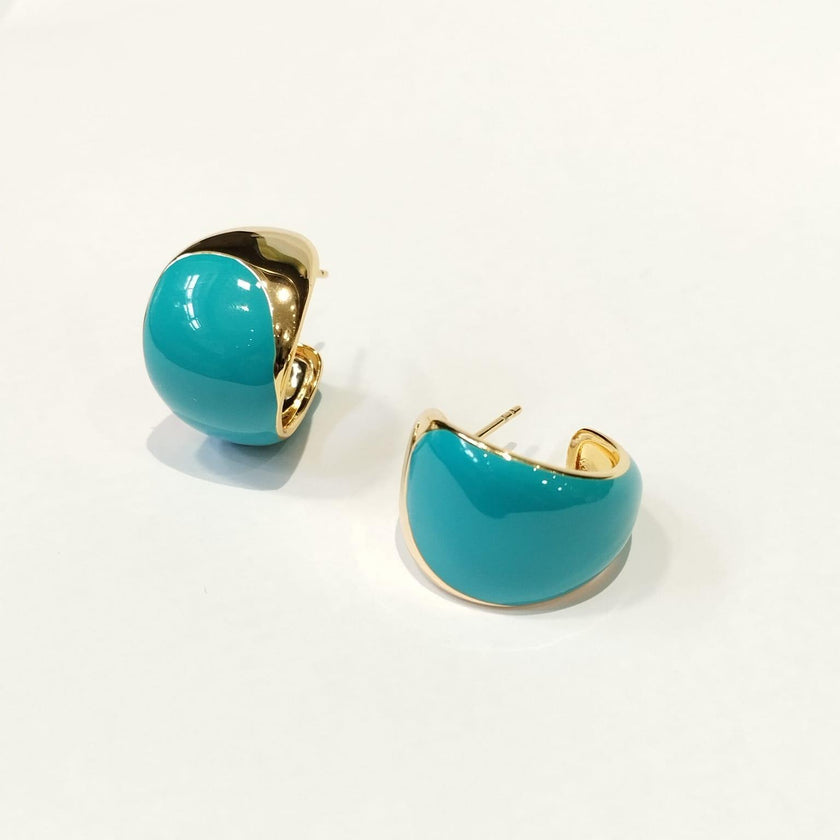 Brinco Curvo Dourado Esmaltado Turquesa