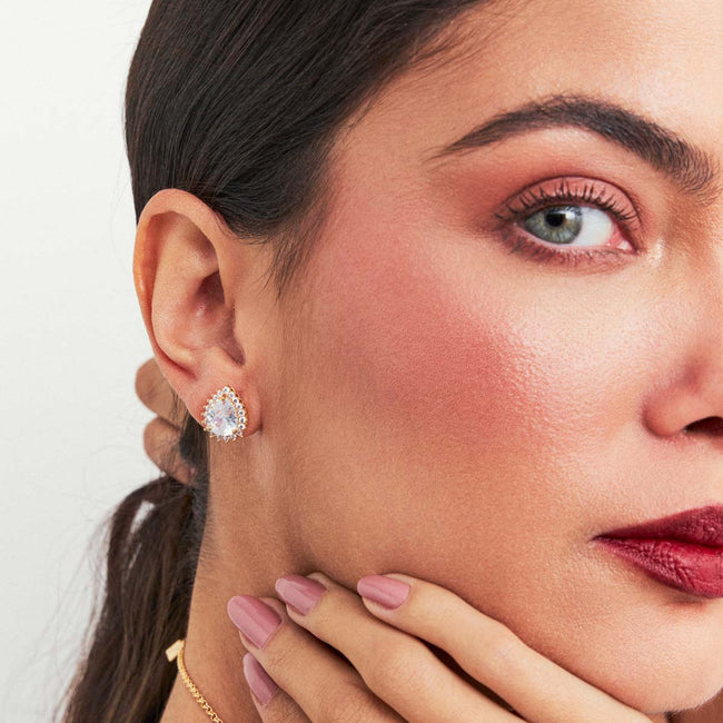 Brinco Gota Cristal Halo Dourado