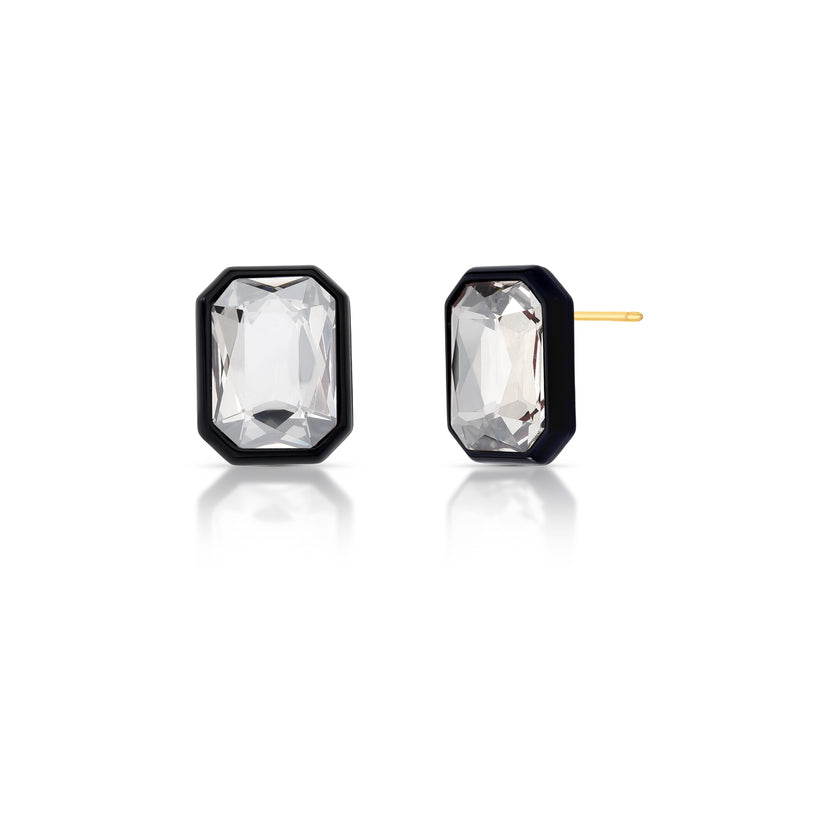 Brinco Octogonal em Cristal Fumê com Esmaltação Preta – Banho Ouro 18k