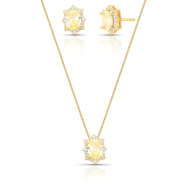 Conjunto Oval Geométrico Amarelo Claro com Zircônias