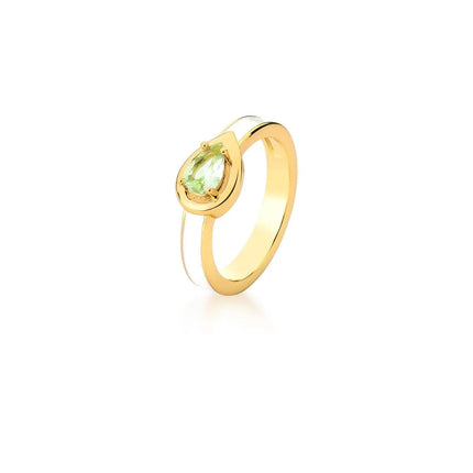 Anel Esmaltado Branco com Cristal Gota Verde