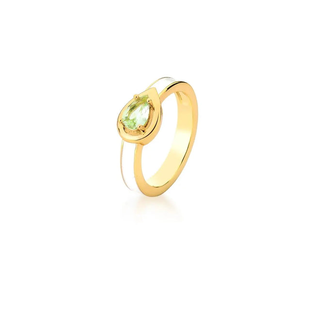 Anel Esmaltado Branco com Cristal Gota Verde