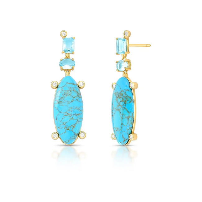 Brinco Pêndulo Azul com Cristais Médio - Rota das Águas