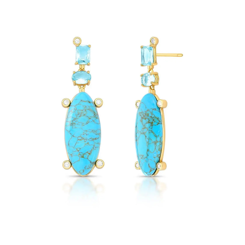 Brinco Pêndulo Azul com Cristais Médio - Rota das Águas