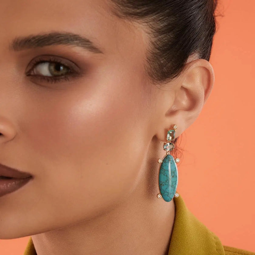 Brinco Pêndulo Azul com Cristais Médio - Rota das Águas