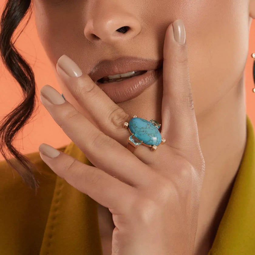 Anel Oval Azul com Cristais Duplos — Rota das Águas