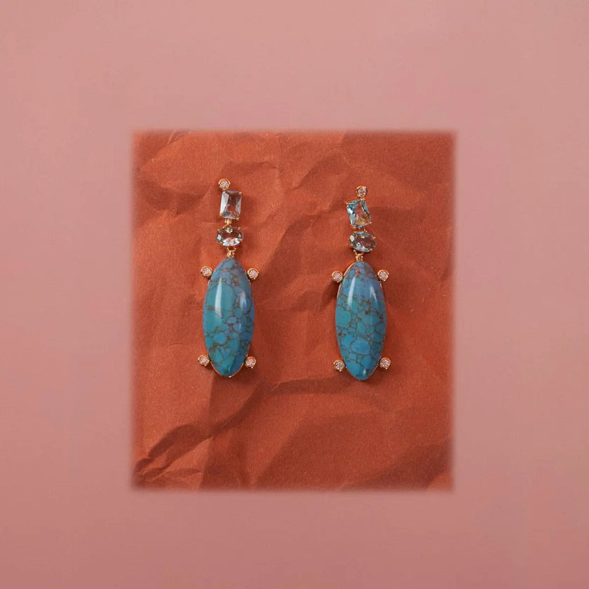 Brinco Pêndulo Azul com Cristais Médio - Rota das Águas