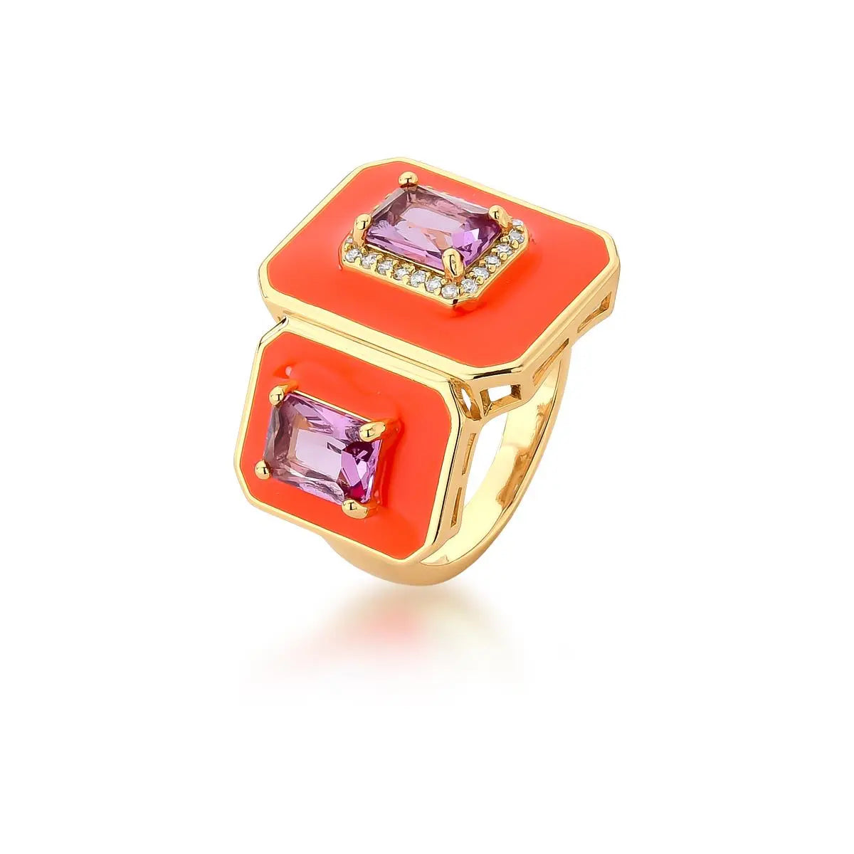 Anel Retangular Esmaltado Laranja com Cristal — Ouro 18k