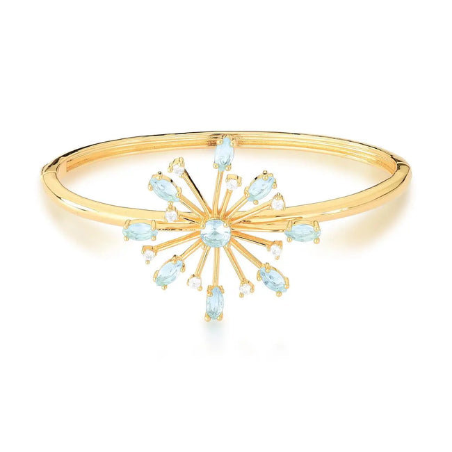 Bracelete Flor Água-Marinha Cravejado Banhado a Ouro