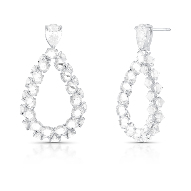 Brinco Pêndulo Gota Cravejada Ródio Branco