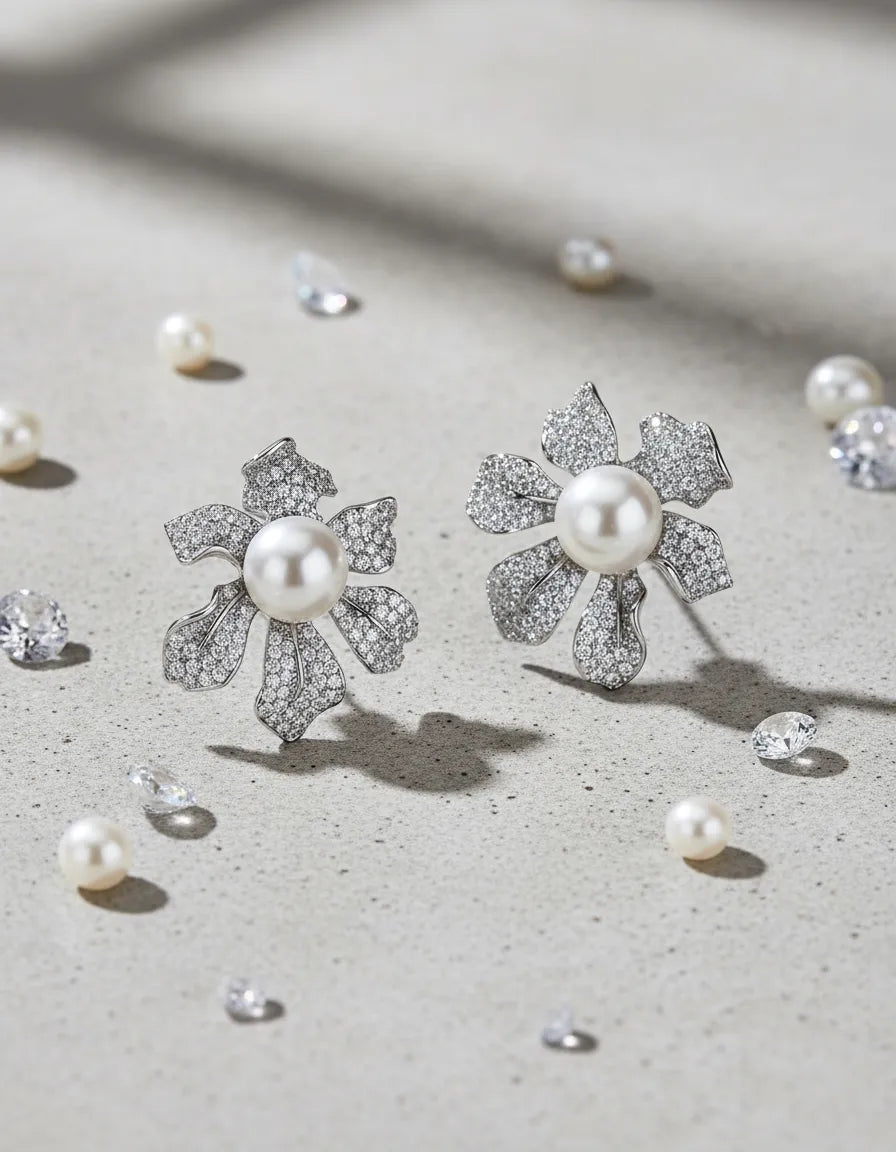 Brinco Flor Luminar com Pérola e Zircônias em Banho de Ródio Branco