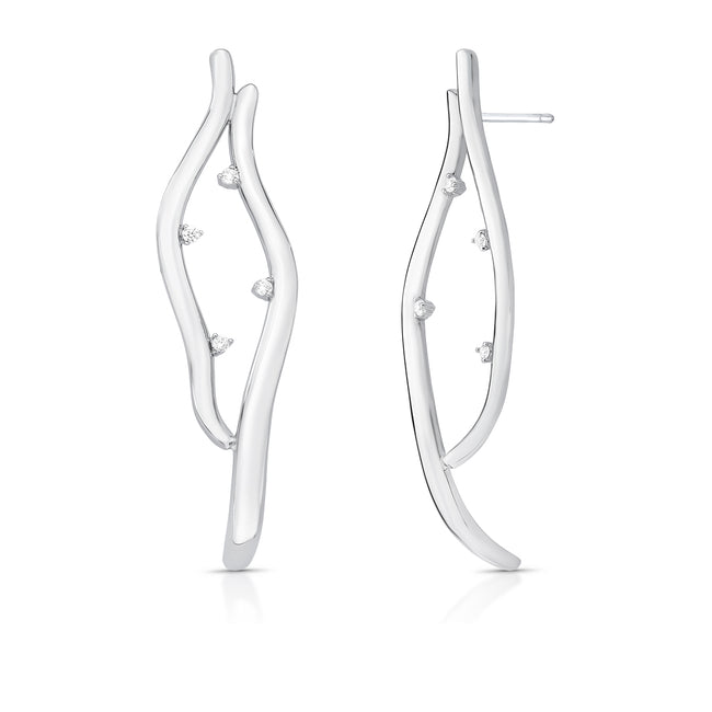 Brinco Ramo Escultural com Zircônias (Banho Ródio Branco)