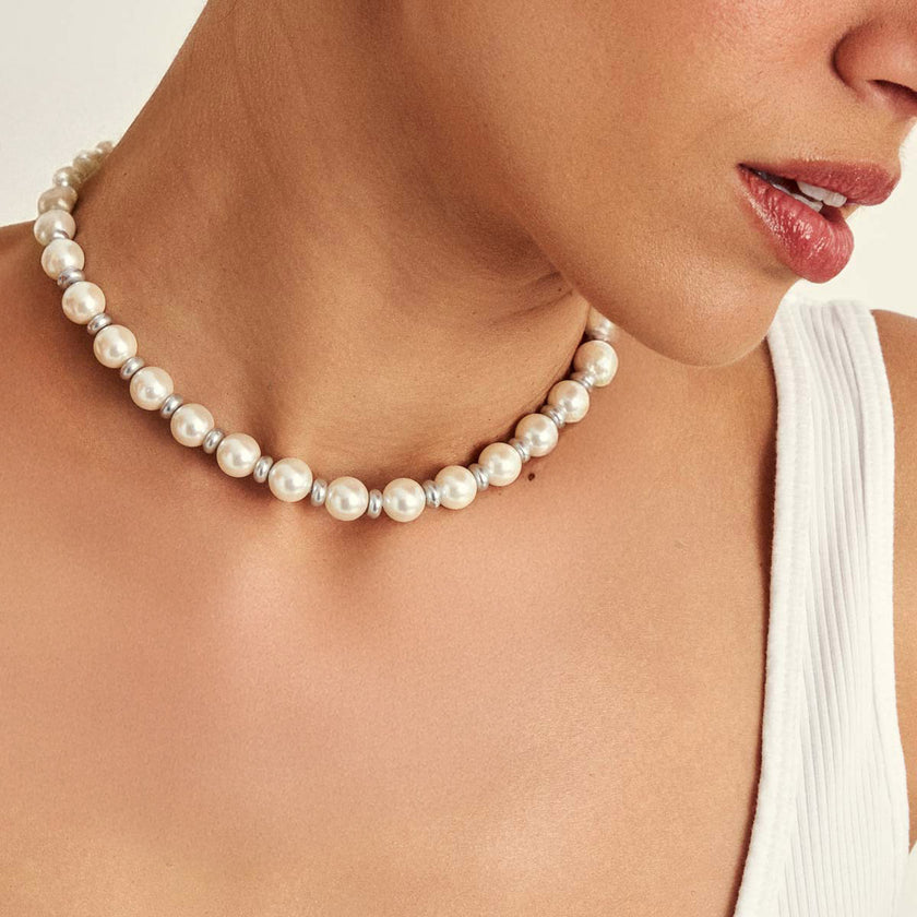 Colar Perola Shell Continuo fecho Bola Rodio