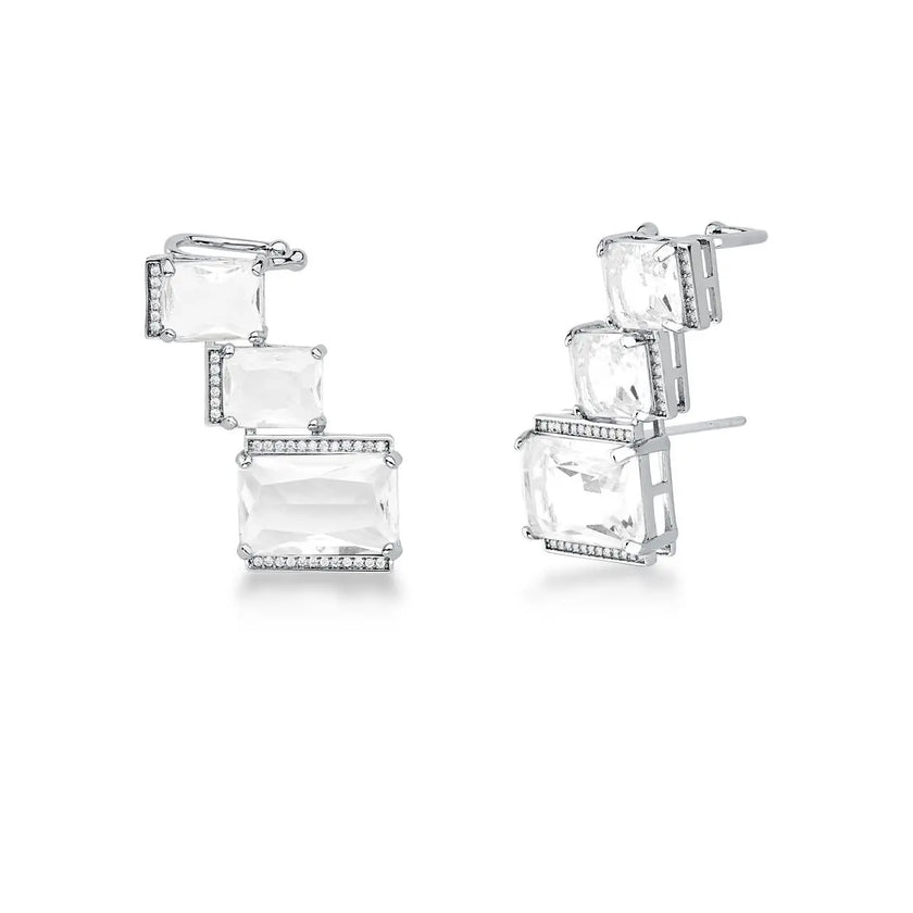 Ear Cuff ICE Cristal com cristais retangulares transparentes e banho em ródio branco da coleção ICE VN Collettiva.