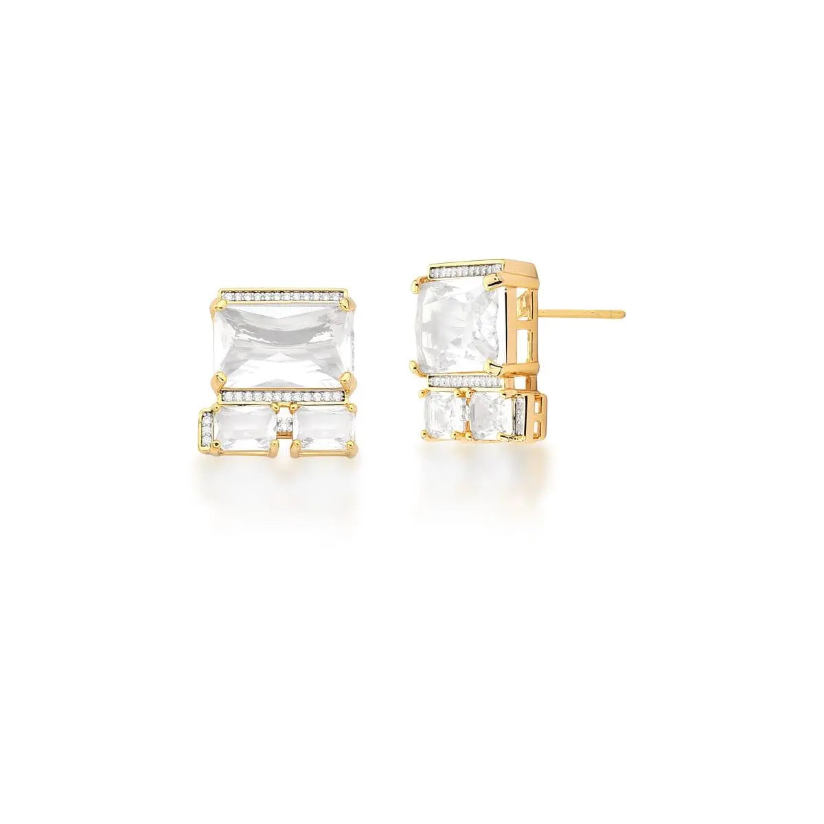 Brinco ICE Cristal com cristal retangular transparente e banho ouro 18k da coleção ICE VN Collettiva.