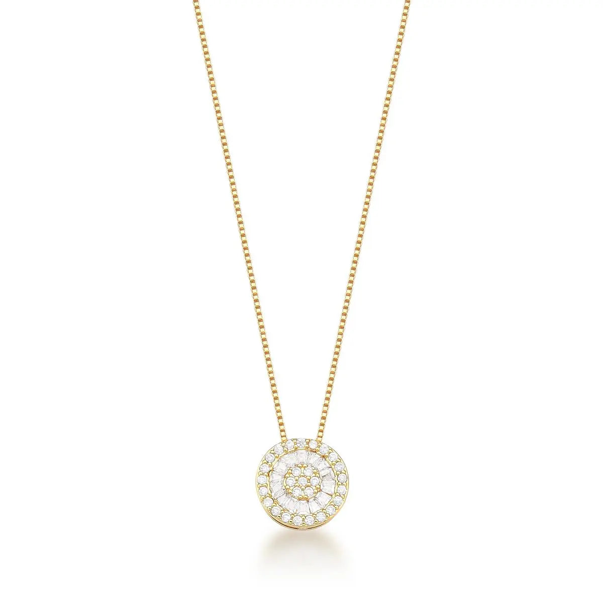 Colar Aurora com pingente circular em zircônias baguete e banho ouro 18k da coleção Presença VN Collettiva.