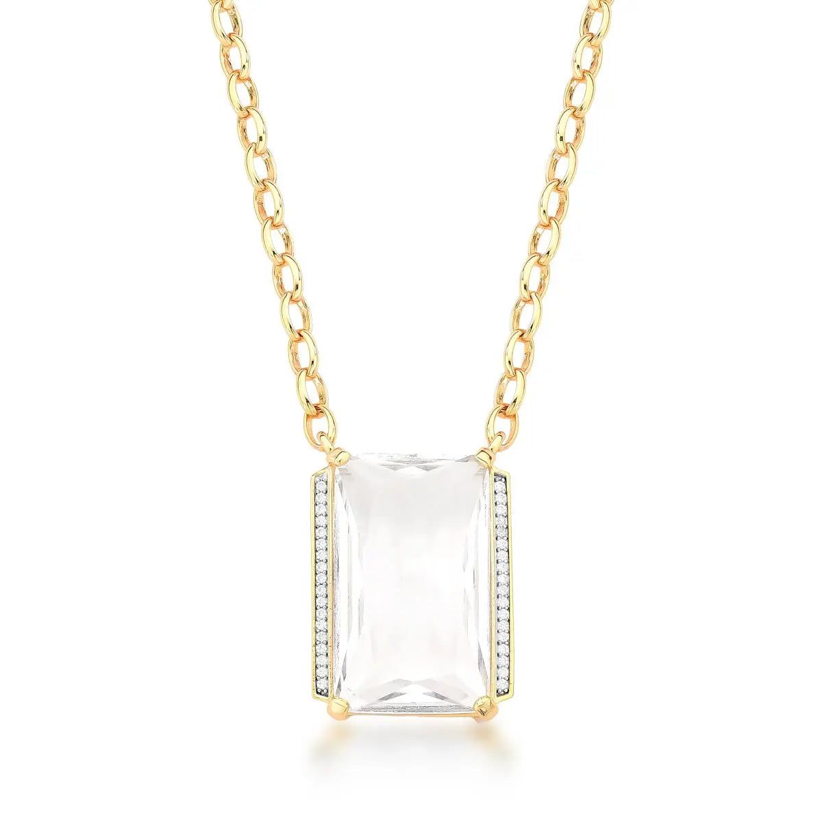 Colar ICE Cristal com pingente retangular transparente e banho ouro 18k, corrente de 60 cm.