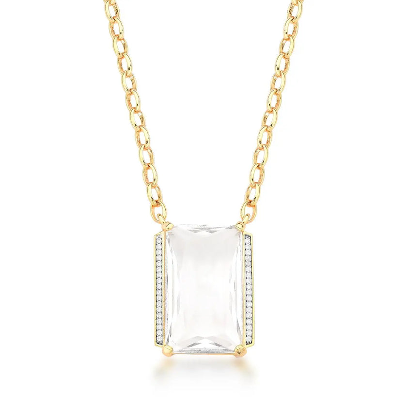 Colar ICE Cristal com pingente retangular transparente e banho ouro 18k, corrente de 60 cm.