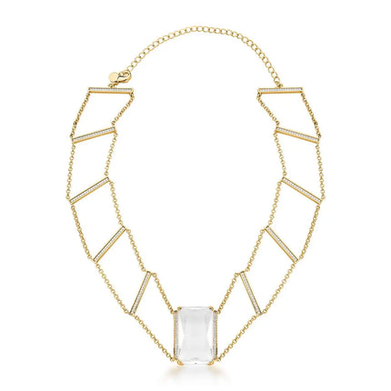 Choker ICE Cristal com cristal retangular transparente, banho ouro 18k e corrente de 30 cm com extensor.
