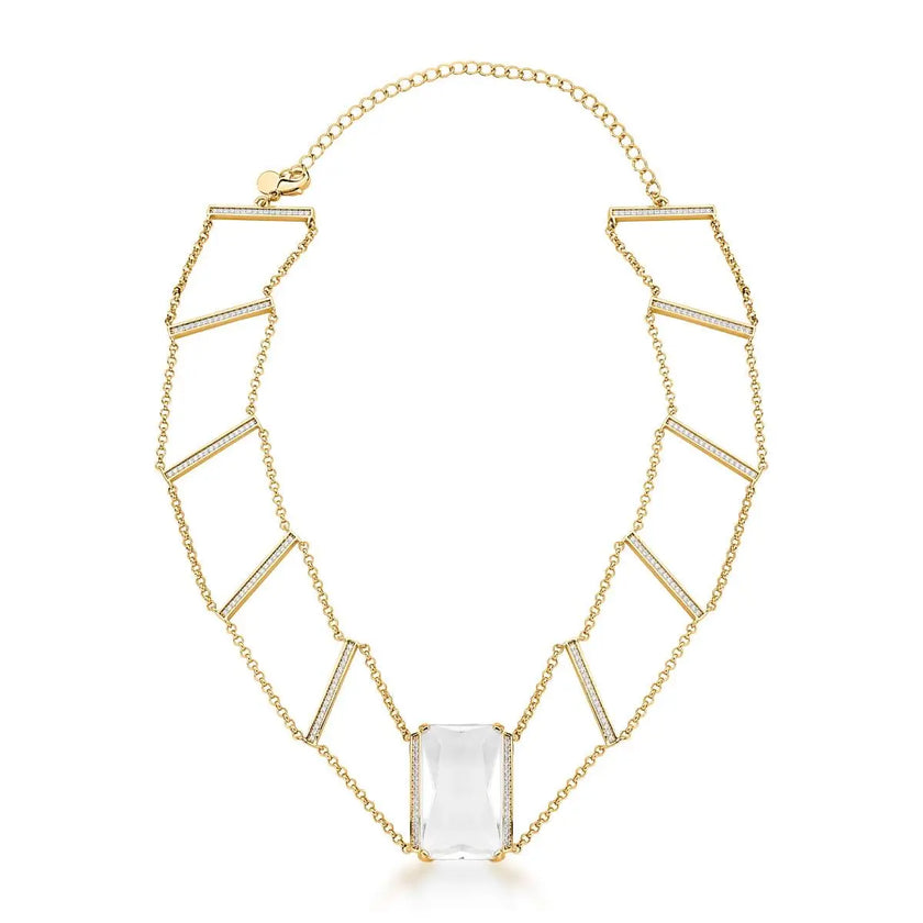 Choker ICE Cristal com cristal retangular transparente, banho ouro 18k e corrente de 30 cm com extensor.