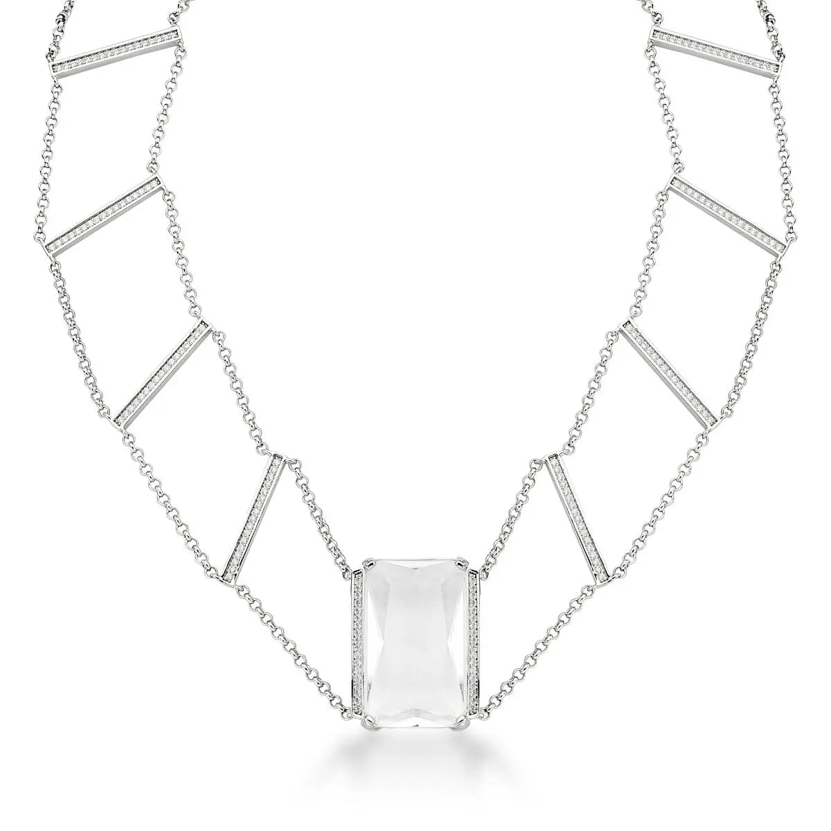 Choker ICE Cristal em ródio branco com cristal retangular transparente central, barras geométricas com zircônias e design contemporâneo da coleção ICE VN Collettiva.