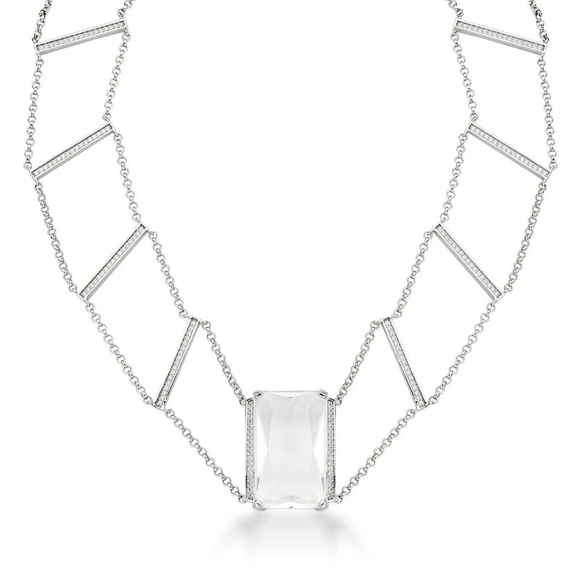 Choker ICE Cristal em ródio branco com cristal retangular transparente central, barras geométricas com zircônias e design contemporâneo da coleção ICE VN Collettiva.