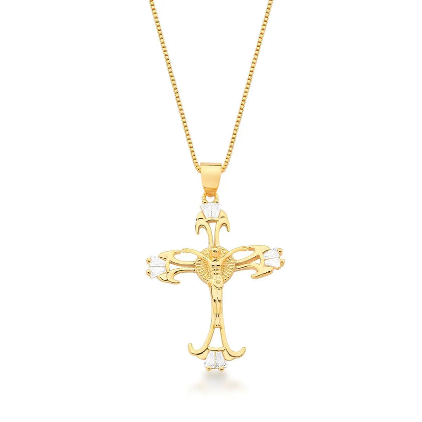 COLAR COM PINGENTE DE CRUCIFIXO E CRISTAIS BANHADO A OURO