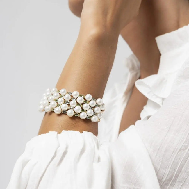 Bracelete Pérolas & Pedras Pastel Banhado a Ouro