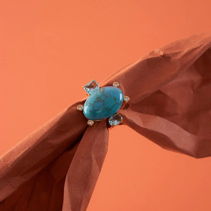 Anel Oval Azul com Cristais Duplos — Rota das Águas