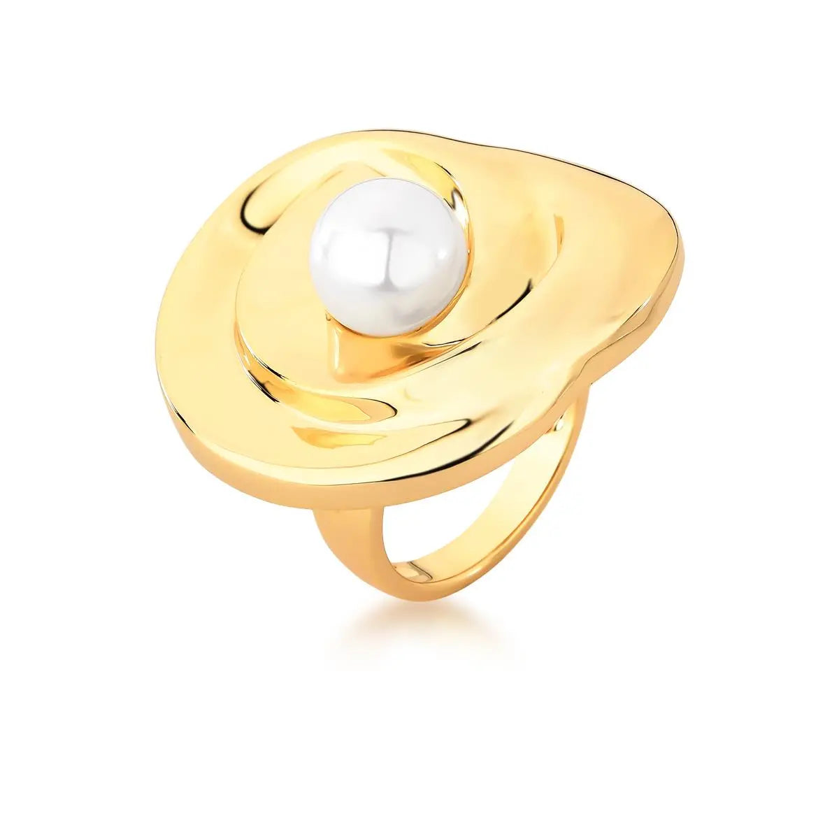 Anel Oval Trabalhado com Pérola Shell Banhado a Ouro
