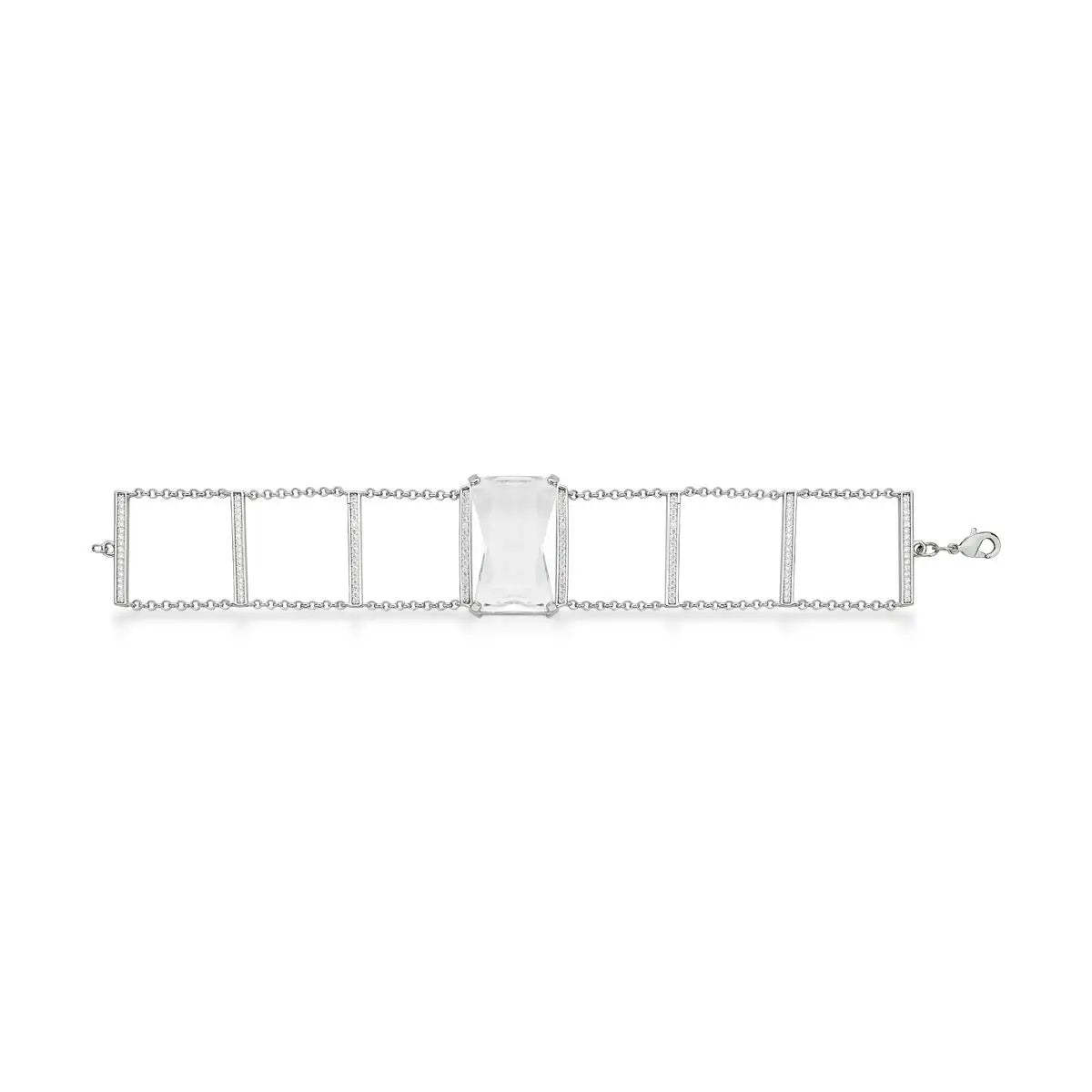 Pulseira ICE Cristal em ródio branco com cristal retangular transparente central e estrutura vazada cravejada com zircônias da coleção ICE VN Collettiva.